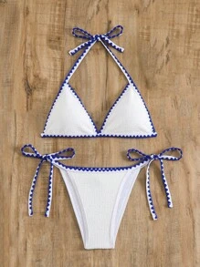 SHEIN Swim مجموعة بكيني بلون مقسّم بحزام خلفي شرابي وأعلى + قاع بكيني مربوط عند الخصر مجموعة بكيني قطعتين للمسبح والشاطئ ، شاطئ الصيف