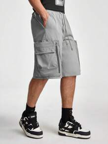 Manfinity NXTstreet Men Solid Color Drawstring Waist Shorts With Pockets For Summer Leisure - Dark Grey - View 6