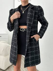 EURMUSE Plaid Pattern Double Button Tweed Overcoat - Black - View 4