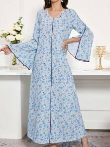 Al Najma Women's V-Neck Split Sleeve Casual Arabian Dress, Full Length Jalabiya, Casual Dress