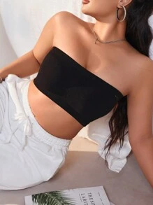 大尺碼無痕舒適純色無肩帶胸圍上衣 - 黑色 - 查看 5