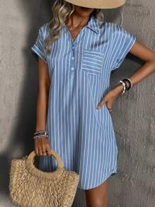 SHEIN LUNE Vestido Feminino Listrado Azul e Branco Fashion de Verão, Casual e Versátil - Azul - Visão 3