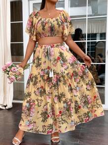 SHEIN Clasi 大尺碼夏季雪紡花卉印花上衣套裝，帶卷邊方領和裙子 - 彩色 - 查看 1