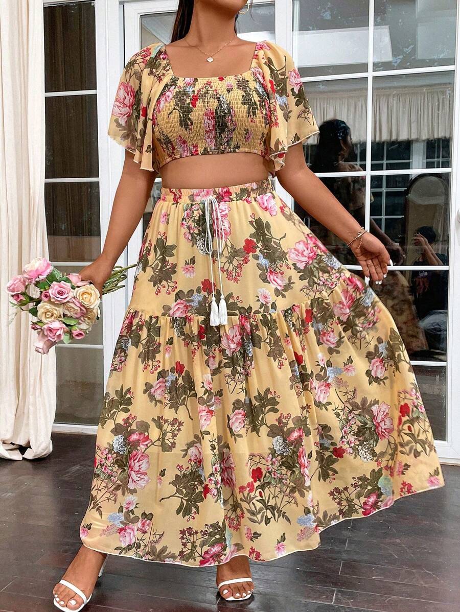 SHEIN Clasi 大尺碼夏季雪紡花卉印花上衣套裝，帶卷邊方領和裙子 - 彩色 - 查看 1