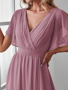 Fall Winter Butterfly Sleeve Fold Pleated Chiffon Dusty Pink Bridesmaid Dress Elegant Dress Wedding Guest Dress For Wedding Fall Semi Formal Dress