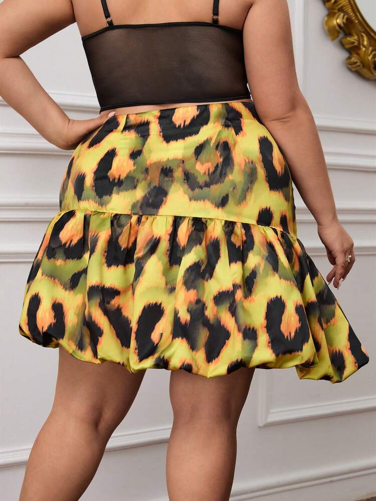 Designer Plus Size Leopard Print Bubble Hem Skirt, For Summer, Holiday, Party, Vacation, Beach, Festival, Ibiza Fits