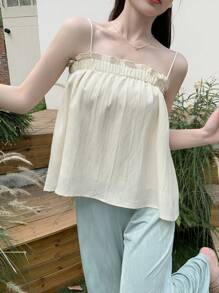 DAZY 女士纯色夏季荷叶边度假吊带背心娃娃装上衣 - 米色 - 查看 7