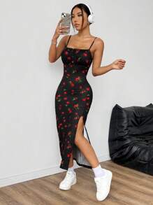 SHEIN EZwear Cherry Print Split Thigh Cami Maxi Summer Dress