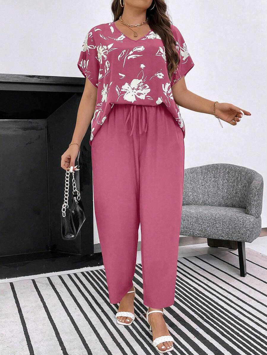 SHEIN LUNE Plus Size Spring/Summer Casual Floral Printed Batwing Sleeve Shirt And Solid Color Trousers Two-Piece Set - Hot Pink - View 1