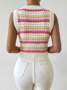 Chiquease Women Color Block Striped Hollow Out Sleeveless Knit Top