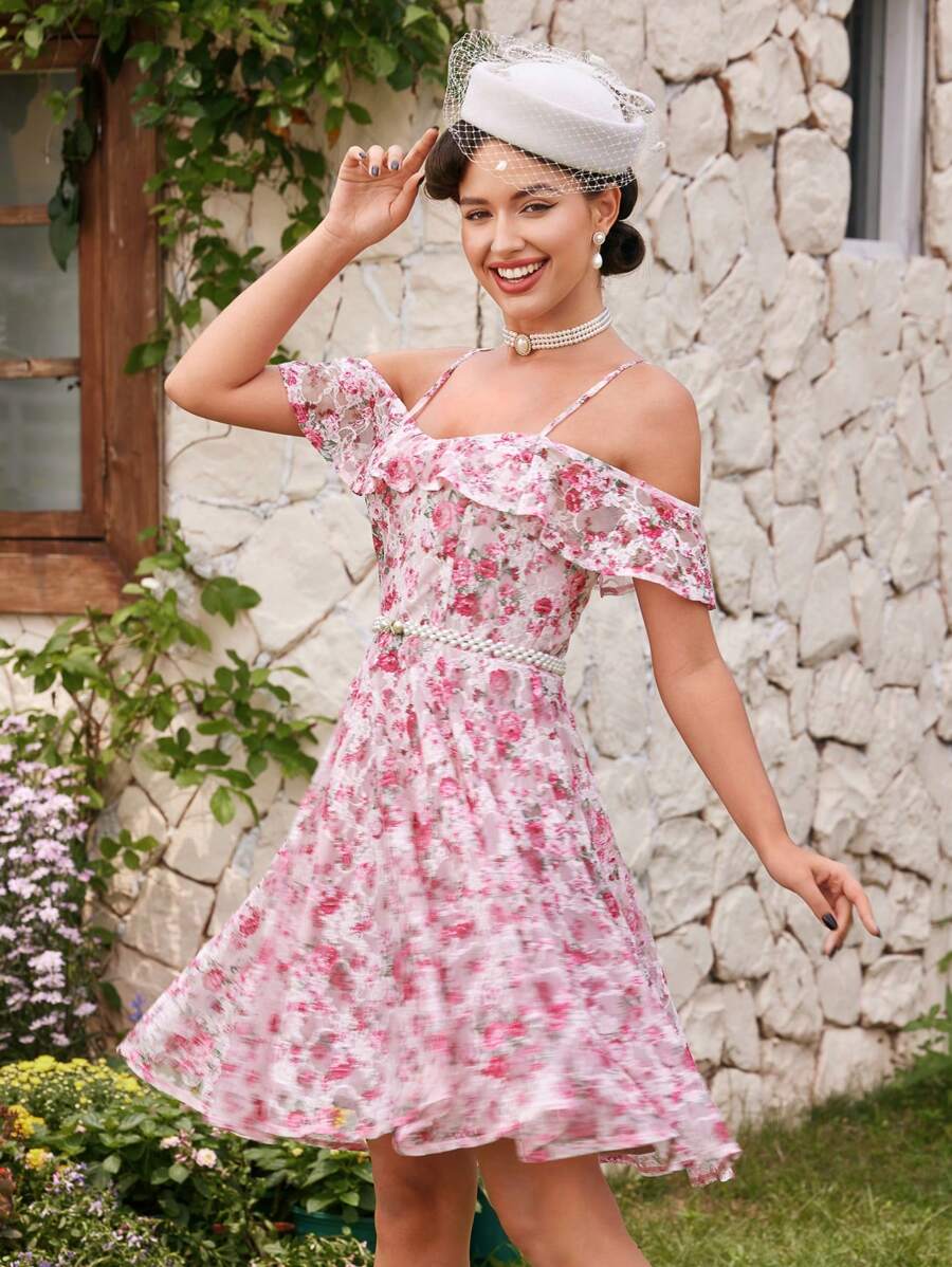 Vintamour 复古优雅女士无袖太阳裙，带蕾丝、花卉印花和荷叶边下摆母亲节连衣裙太阳裙教师连衣裙粉色蕾丝裙粉色连衣裙花卉连衣裙 - 粉色 - 查看 1