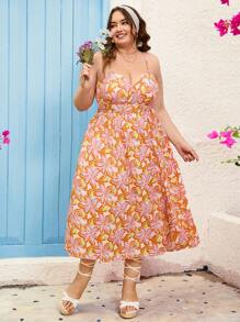 Dreamara Plus Size Floral Printed Split Hem Strappy Dress For Vacation - Multicolor - View 5