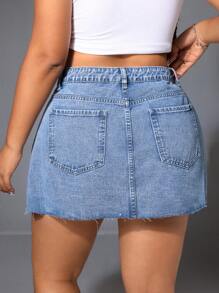 SHEIN ICON Plus Size Summer Casual Frayed Washed Denim Skirt - Medium Wash - View 2