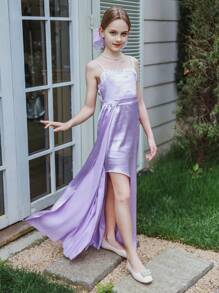 SHEIN Elegante vestido de satén para niña preadolescente temporada de bodas con el bustier incrustado en cuentas, corte alto y cola - Púrpura malva - Ver 5