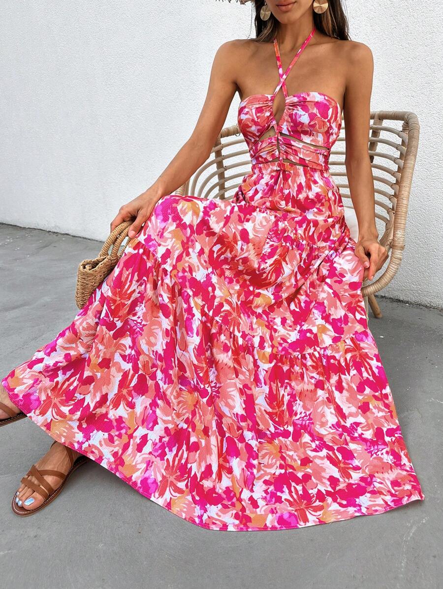 RueChic 豐富的十字交叉露背領口印花長裙