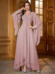 Women Solid Color Flare Sleeve Dress - Dusty Pink - View 4