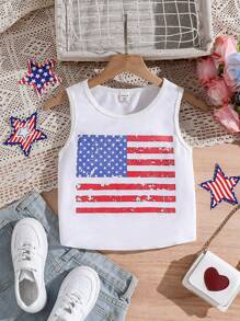SHEIN Tween Girl Independence Day Style American Flag Print Casual Tank Top, Summer - White - View 1