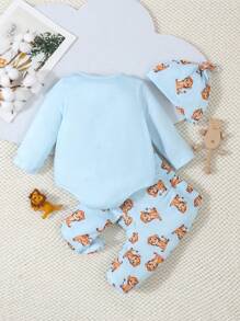 SHEIN Playful Pals Tuta per bambino con stampa di scimmietta a maniche lunghe e pantaloni a maniche lunghe, indumenti da casa, 2 pezzi/set