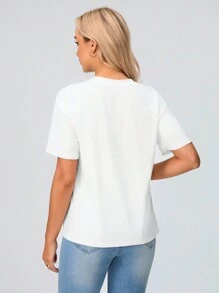 SHEIN Maternity Comfortable Minimalist Nursing Clothes, Young Casual Round Neck Short Sleeve Regular Loose Pregnant Women T-Shirt - White - View 2