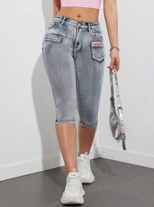 Quần jeans nữ Y2K phối màu xám, túi khóa kéo, dáng skinny, co giãn, kiểu dáng đường phố năng động, thích hợp cho mùa xuân/hè. - Xám - Xem 1