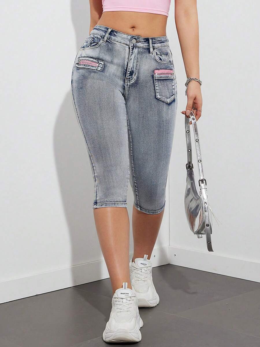 Quần jeans nữ Y2K phối màu xám, túi khóa kéo, dáng skinny, co giãn, kiểu dáng đường phố năng động, thích hợp cho mùa xuân/hè. - Xám - Xem 1