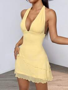 SHEIN EZwear Women Light Yellow Mesh Halter Dress,Summer Dresses For Women,Tea Party Dress,Pastel Dresses For Women