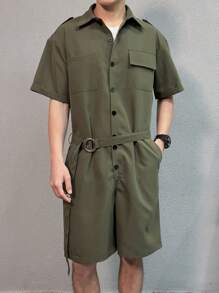 Manfinity Hypemode 男士夏季純色工作服口袋短袖休閒寬鬆連身褲