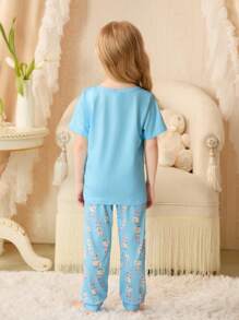 Girls 3D Rabbit Ear Short Sleeve Allover Print Shirt & Pants Casual Loungewear Set, Spring & Summer - Blue - View 2