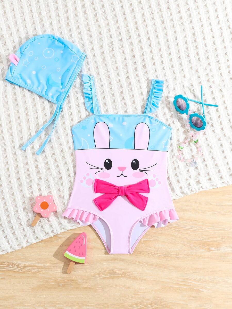 Young Girl One-Piece Swimsuit, Printed With Swimming Cap - Multicolor - View 1