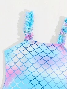 SHEIN 青少女人魚鱗紋印花連體泳衣，並帶有網眼裙罩 - 彩色 - 查看 5