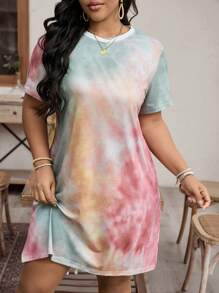 SHEIN LUNE Váy cổ tròn tay ngắn in họa tiết Plus Size dành cho nữ - Nhiều màu - Xem 1