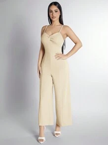 SHEIN PETITE Bộ đồ liền thân không tay thiết kế dây mảnh xoắn màu trơn cho nữ mùa hè - Màu be - Xem 3