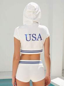 Forever 21 Glitter Letter Embroidery Striped Hooded Top And Shorts Sports Casual Set