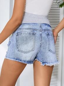 SHEIN Maternity Simple Daily Hollow Out Denim Shorts - Light Wash - View 2