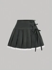 SHEIN MOD Summer Women Lace Splice Grey Skirt With Bowknot And Pleated Design, Versatile Style,Concert Women Outfit