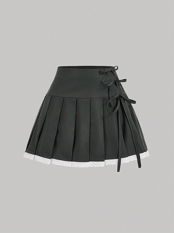 SHEIN MOD Falda gris de encaje para mujer con diseño plisado y lazo, estilo versátil de verano