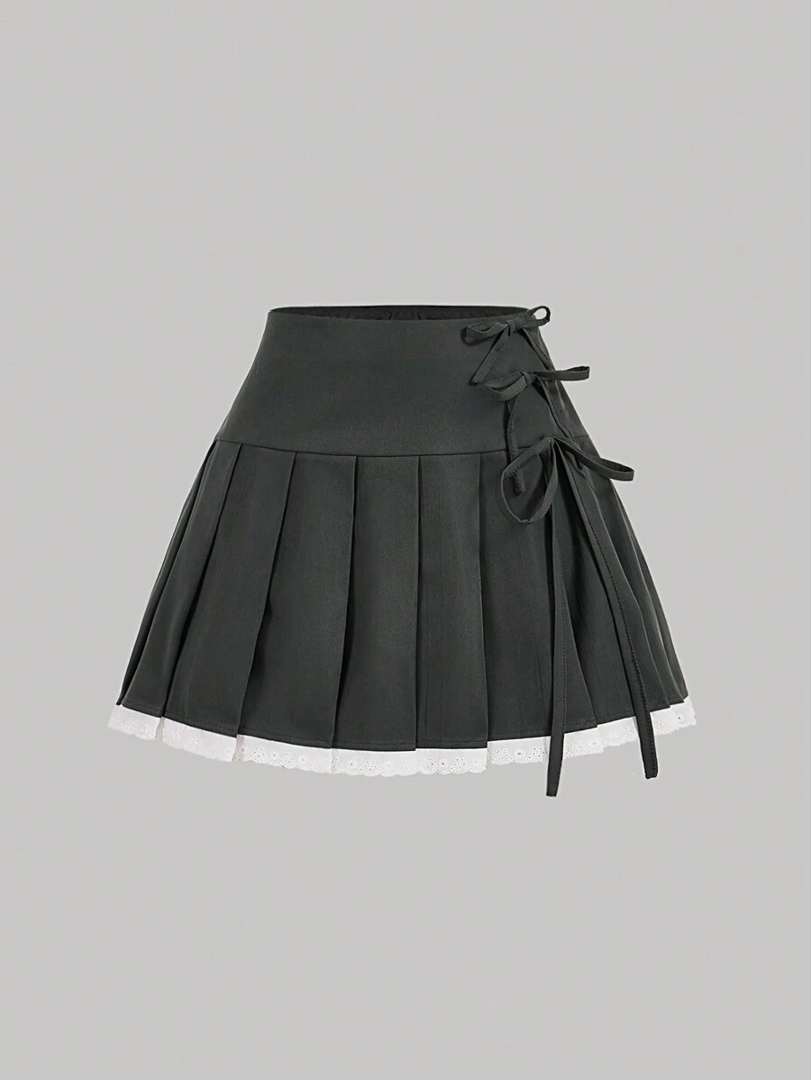 SHEIN MOD Summer Women Lace Splice Grey Skirt With Bowknot And Pleated Design, Versatile Style,Concert Women Outfit
