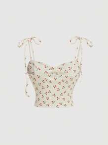 SHEIN MOD Apricot Cherry Print Shoulder Strap Crop Top Cami For Summer - Multicolor - View 2