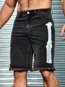 Manfinity Roughcore Shorts de mezclilla gris para hombres con aplicaciones de calaveras - Gris Claro - Ver 3