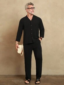 Manfinity Homme 男士夏季纯色长袖休闲日常通勤衬衫和裤子套装，复古，亚麻，我爱我的丈夫，朋友，狂欢装，朴素，工作，秋季服装 - 黑色 - 查看 4