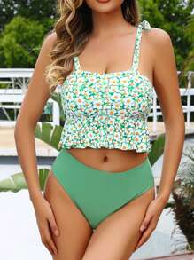 SHEIN Swim Floral Print Spaghetti Strap Cami Top And Solid Color Tankinis Swimwear Set For Women, Perfect For Pool Wearing, Summer Beach