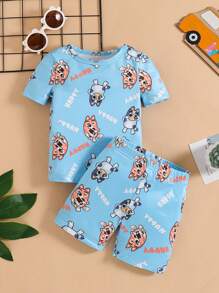 Baby Boy Cartoon Dog Print Round Neck Short Sleeve Top And Shorts Home Wear Snug Fit - Blue - View 7