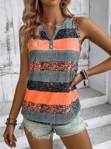 EMERY ROSE Summer Color Block Vacation Leisure Notched V Neck Tank Top - Multicolor - View 6
