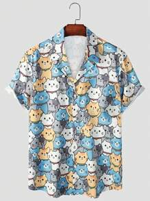 Men's Cartoon Cat Print Short Sleeve Shirt For Summer