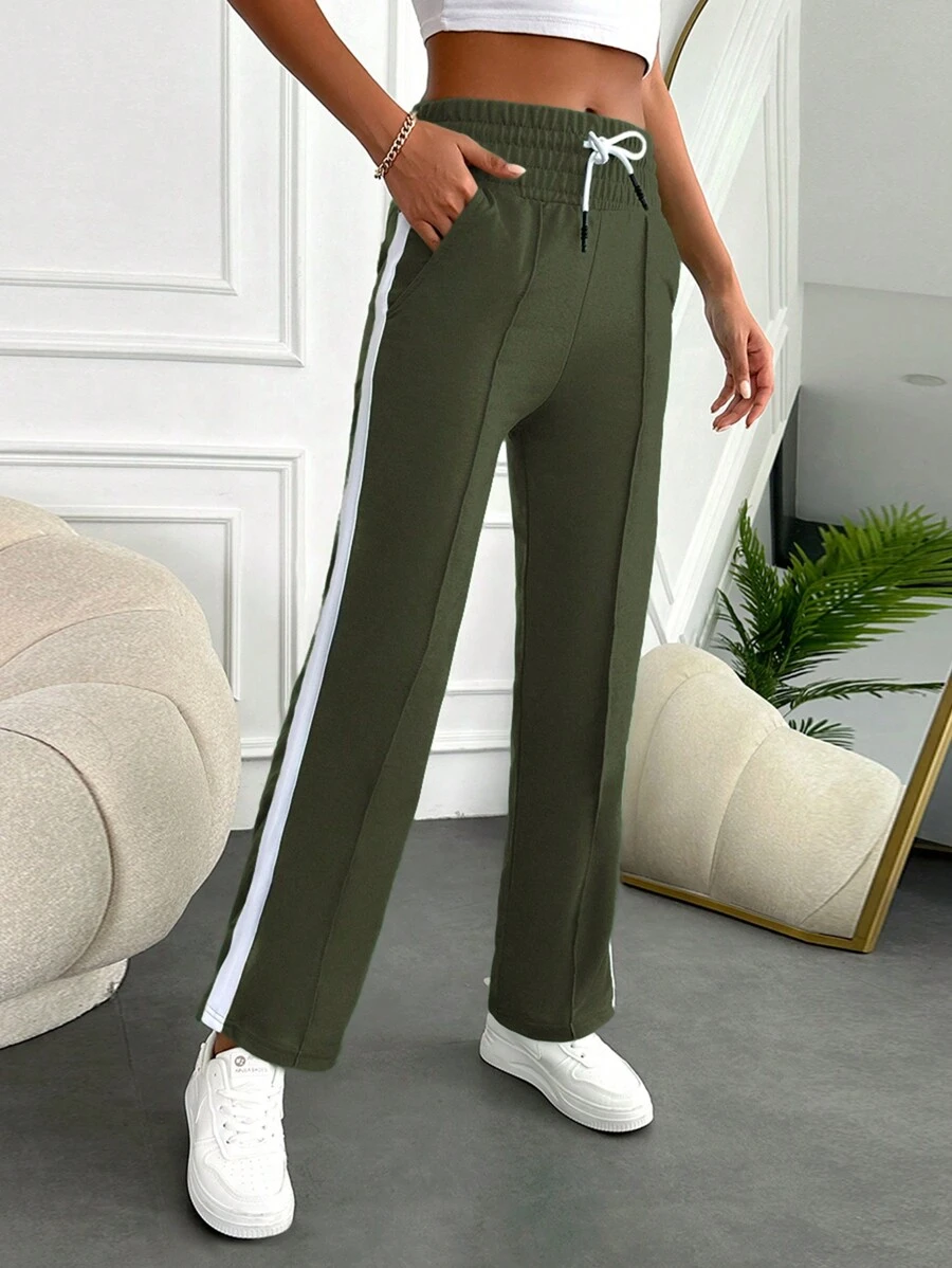 RueChic Wide-leg Sweatpants With Drawstring Waist And Side Seams - Olive Green - View 1