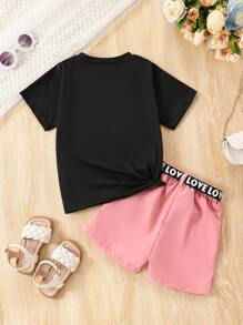 Koszulka dla młodej dziewczyny z prostym nadrukiem liter i szortami z paskiem 2 szt./zestaw