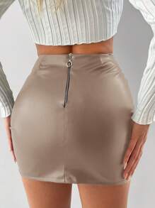 SHEIN Cottnline Summer Sexy Solid Color Slim Fit Mini Skirt With Side Slit - Beige - View 2