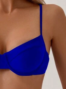 SHEIN Swim Women Summer Beach Solid Simple Holiday Style Underwire Supportive Bikini Set - Royal Blue - View 4
