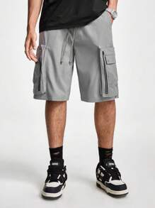 Manfinity NXTstreet Men Solid Color Drawstring Waist Shorts With Pockets For Summer Leisure - Dark Grey - View 3
