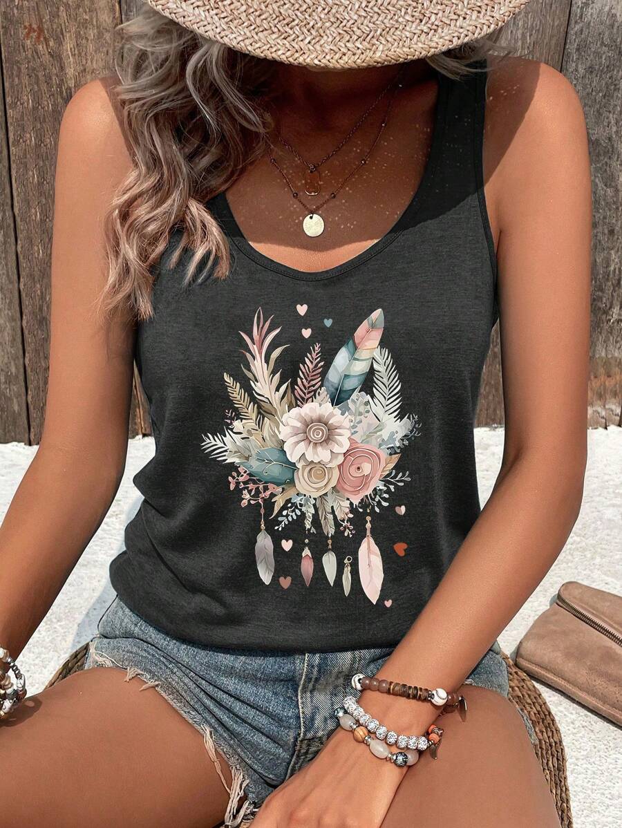 INAWLY Women Summer Floral Printed Round Neck Sleeveless Casual Tank Top Graphic Tees Women Tops - Dark Grey - View 1